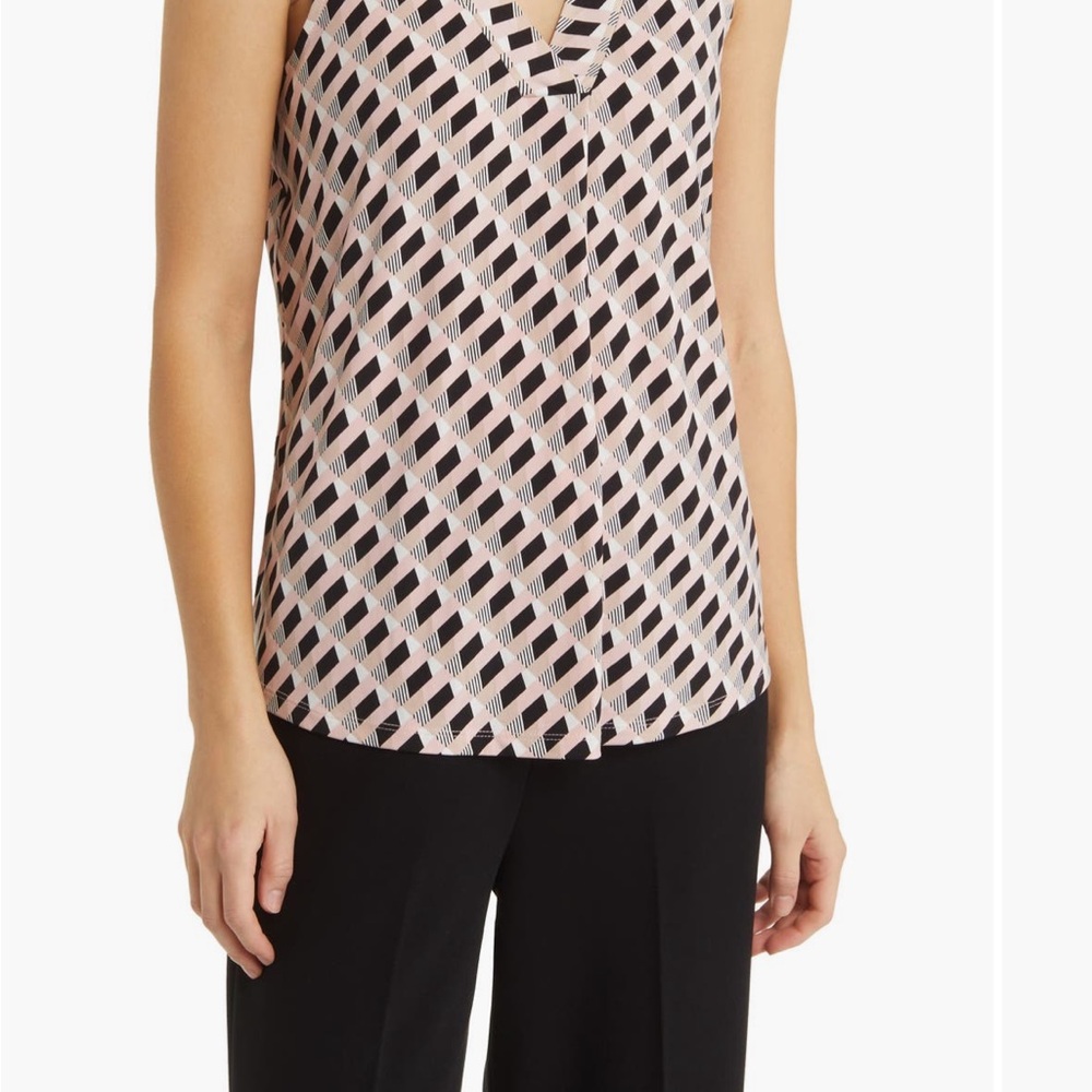 Anne Klein Sleeveless V-Neck Pink Cream Black Geometric Ity-Knit Top Size M - Picture 15 of 16